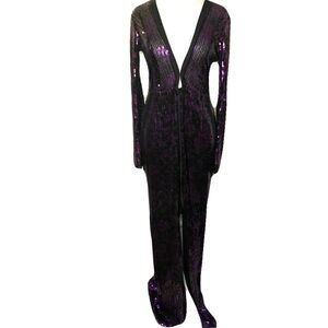 NWPT Vitor Zerbinato 36/Small Black & Purple Sequin Long Sleeve Deep V Neck Gown